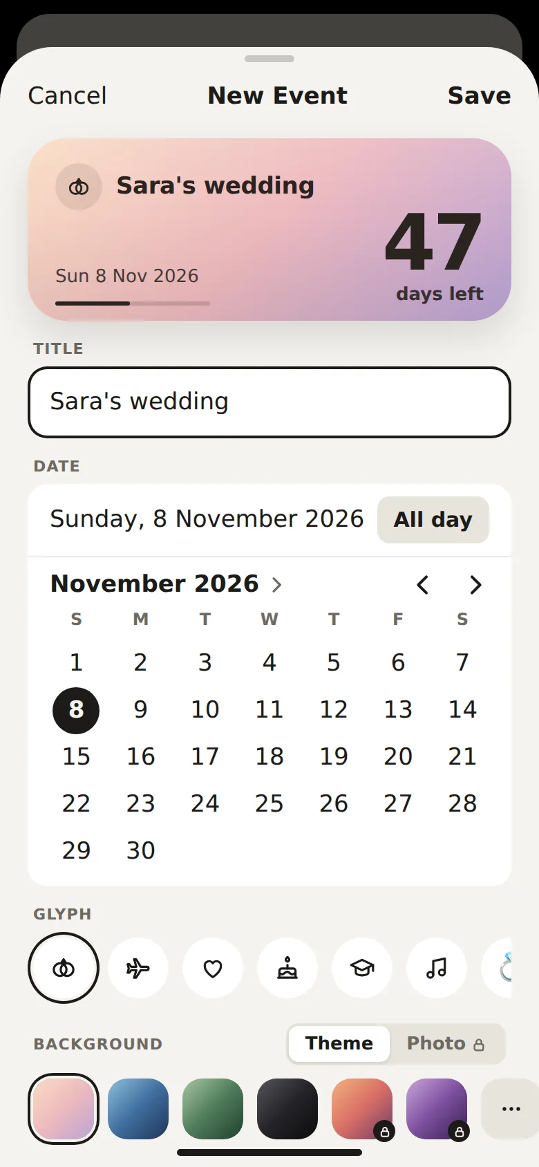 Add event sheet with title, date, glyph and theme