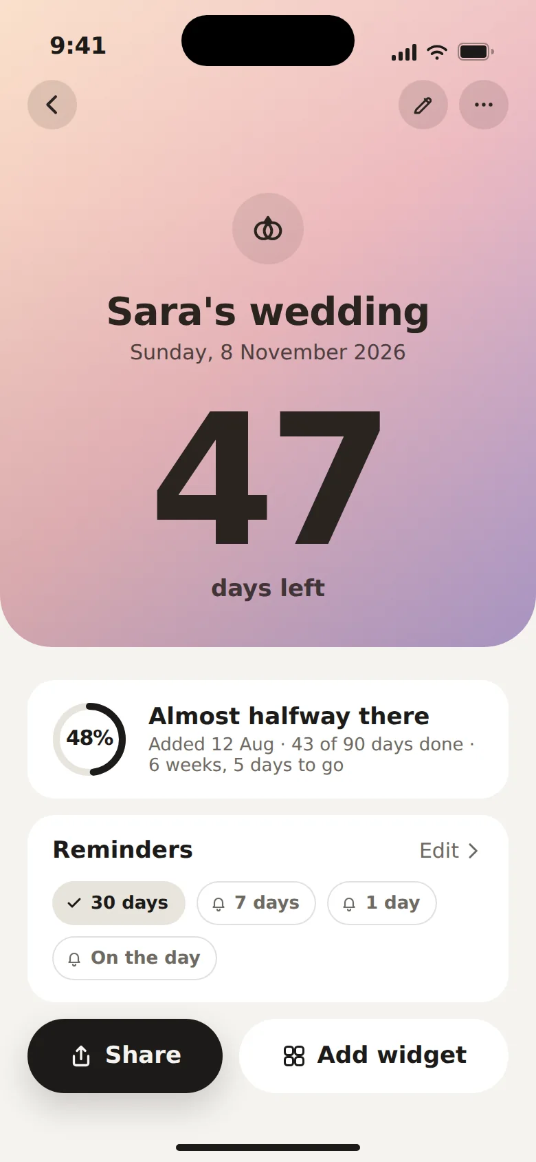 Event detail with a large hero countdown numeral