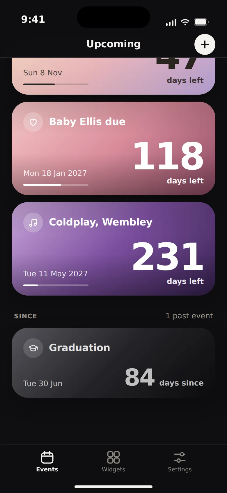 Bigday home screen in dark mode