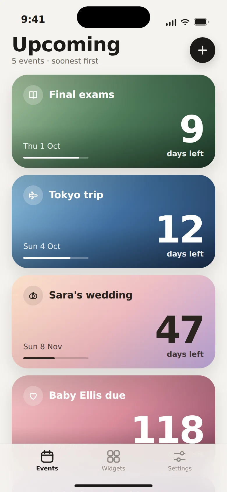 Bigday app with countdowns for a trip, wedding, and other upcoming events