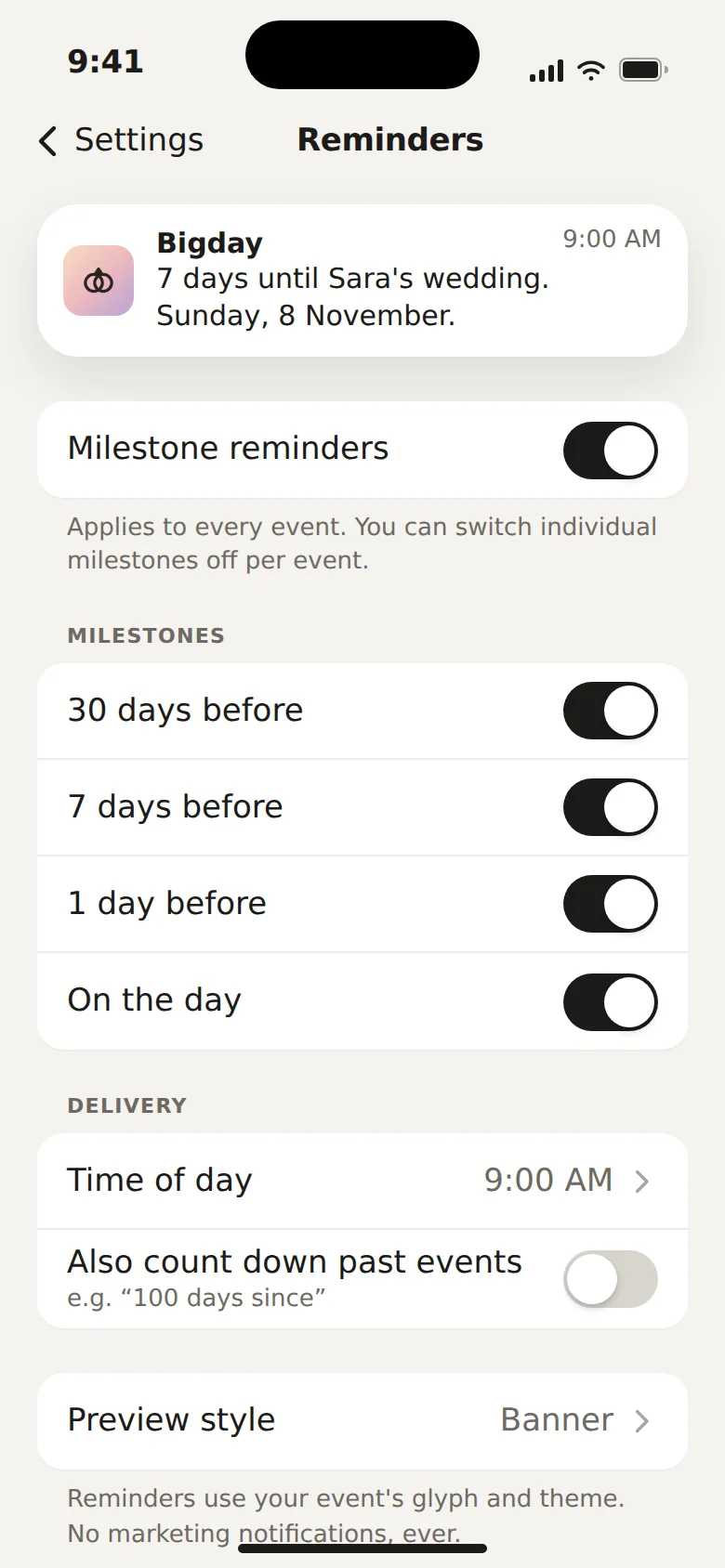 Reminder settings for milestone notifications