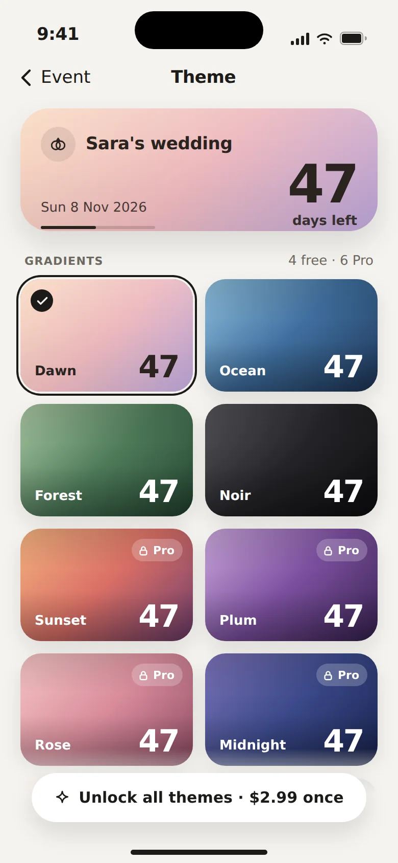 Theme picker showing gradient swatches and photo option
