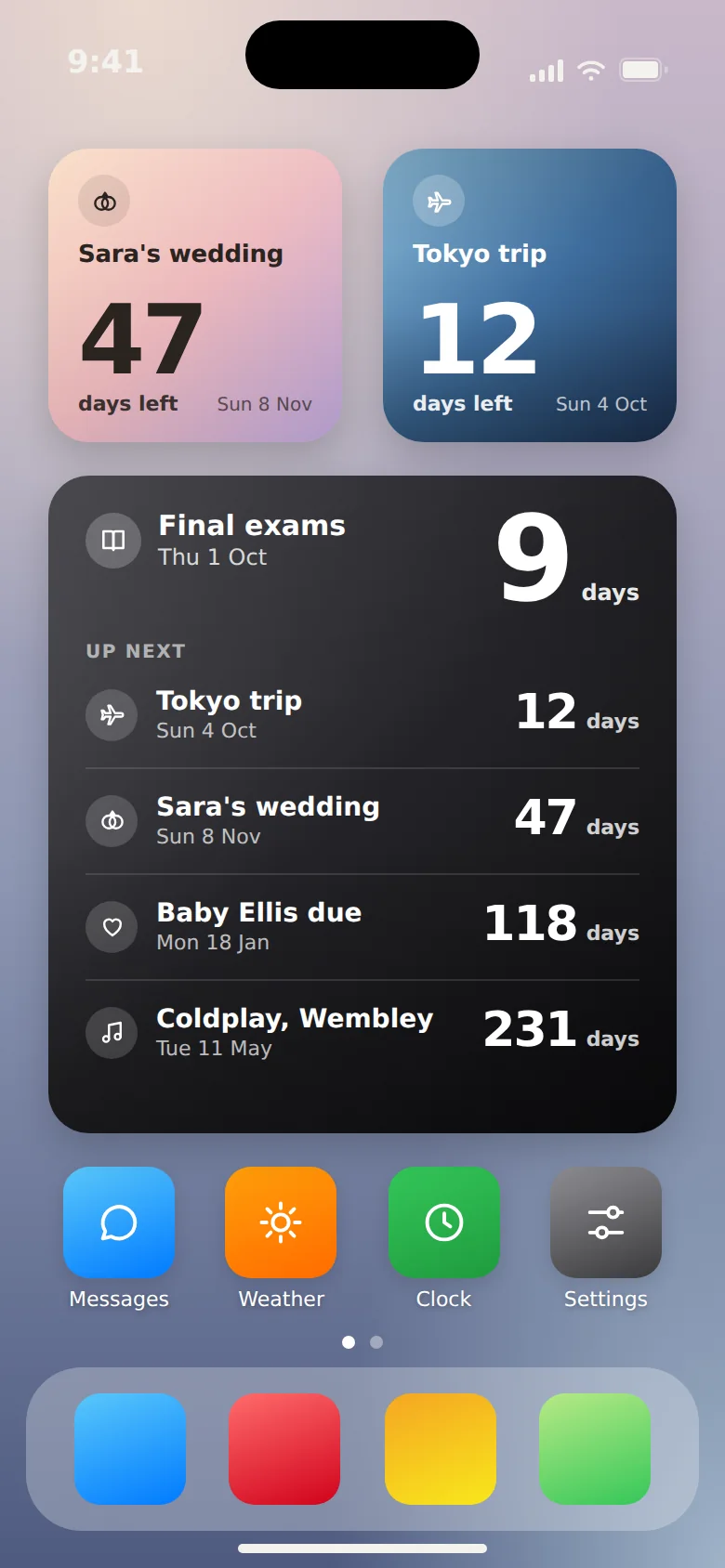 iPhone Home Screen with two small Bigday widgets and one large Up next widget