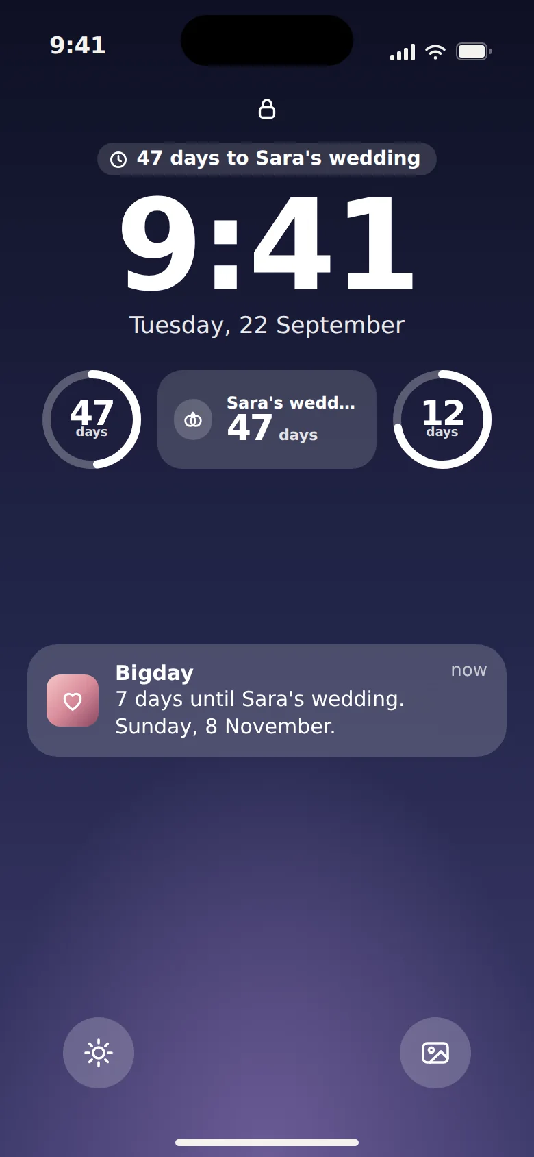 iPhone Lock Screen with Bigday circular, rectangular and inline widgets