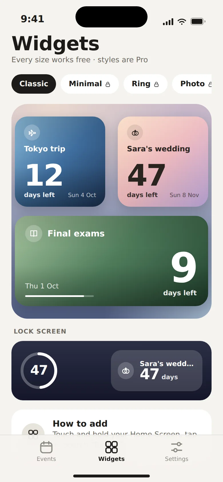 Widgets tab with previews of every widget style